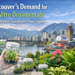 In vitro ornamental plants in glass culture jars displayed in the foreground with Vancouver skyline, Science World, and coastal mountains in the background, representing sustainable plant supply in British Columbia.