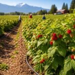 Commercial raspberry farm in Vancouver using InVitro raspberry plants with drip irrigation and healthy fruiting rows