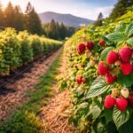 InVitro raspberry plants growing in a commercial farm in Nanaimo, British Columbia with ripe red raspberries and healthy green foliage