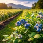 Tissue culture blueberry plants growing in a commercial berry farm in Kelowna, British Columbia under warm evening sunlight